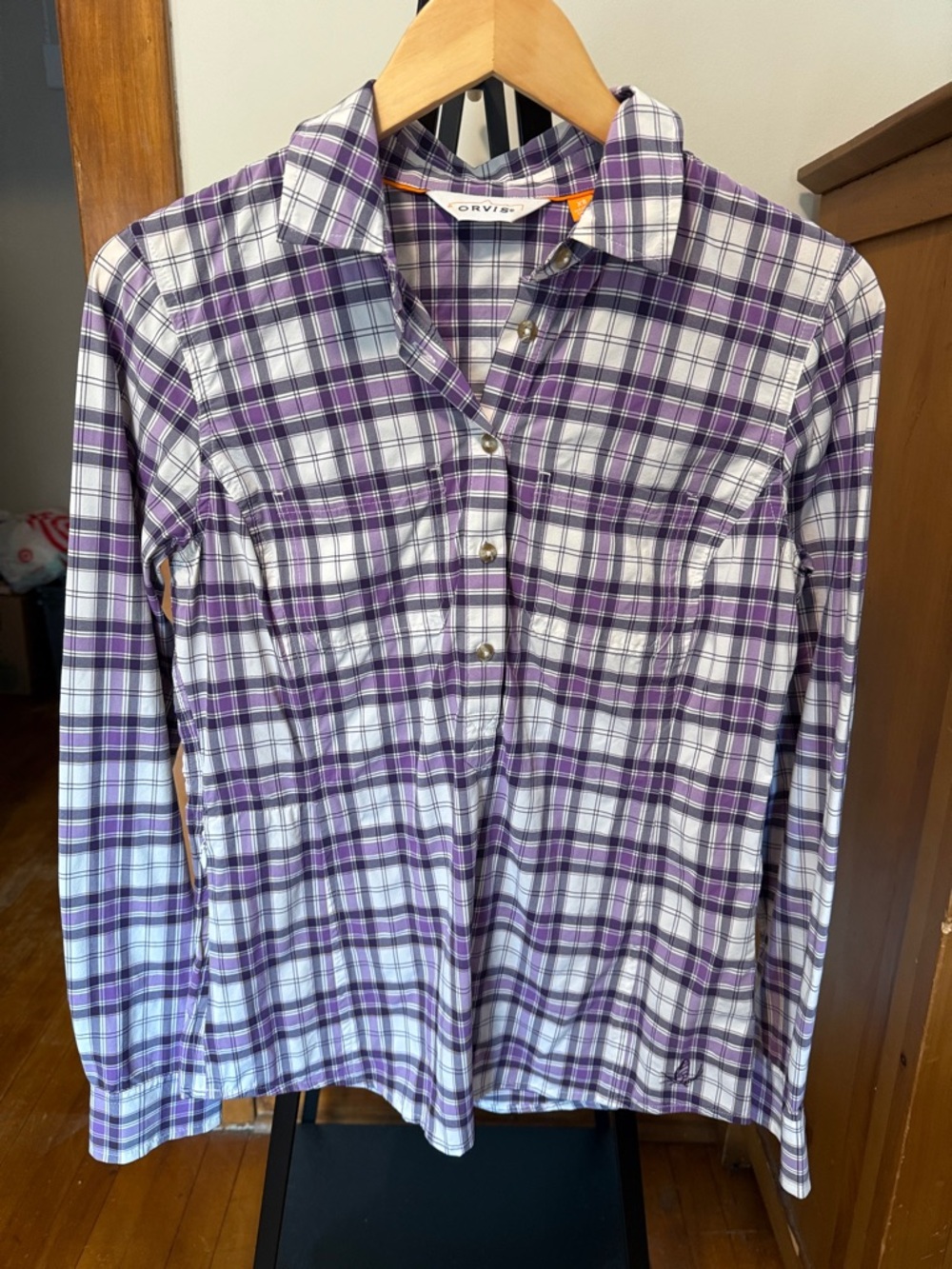 Orvis Purple and White Plaid Button-Up Shirt